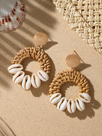 1pair Boho Rattan Shell Decor Braided Design Drop Earrings For Women For Holiday | SHEIN