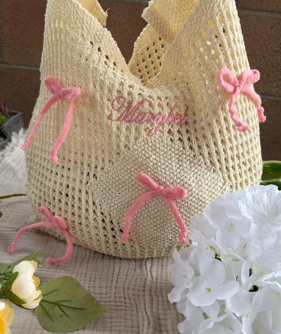 Custom Embroidered Crochet Shoulder Bag With Bows - Etsy | Etsy (US)