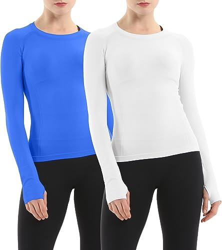 MathCat Seamless Workout Shirts for Women Long Sleeve Yoga Running Shirt Breathable Athletic Tops Slim Fit 2 Pack (WHT#LKBLU,M) | Amazon (US)