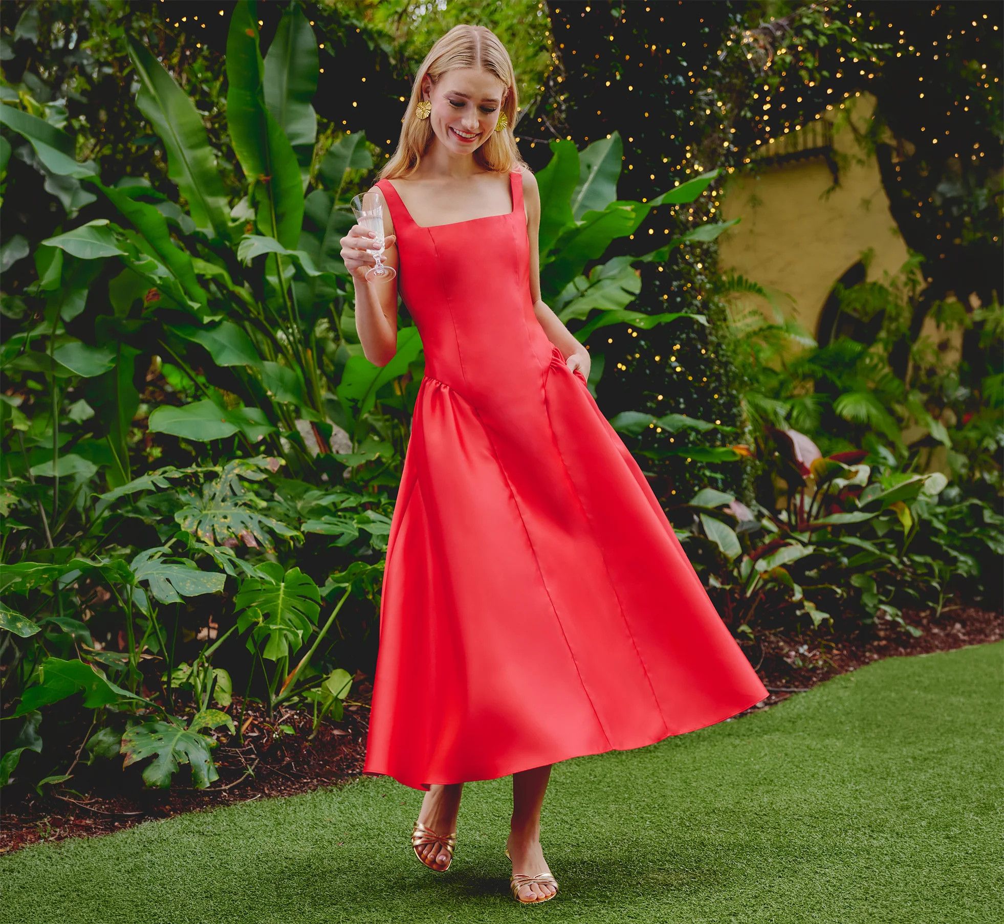 Drop Waist Fit And Flare Mikado Midi Dress In Persimmon | Adrianna Papell