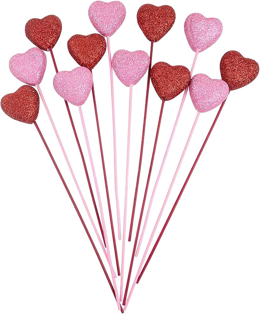 12 Pcs Valentine's Day Glitter Puffy Heart Picks Foam Sparkly Sticks Floral Arranging Supplies fo... | Amazon (US)