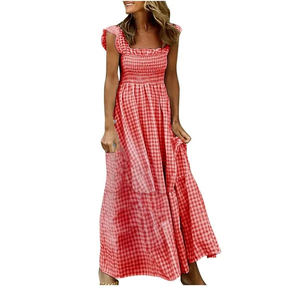 ClodeEU Women's Square Neck Ruffle Strap Tiered Maxi Dress,Casual Loose Flowy Summer Sundress Red... | Walmart (US)