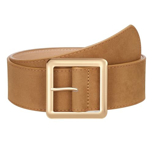 JASGOOD Women Wide Suede Belt Chunky Belts For Jeans Dresses Coats Ladies Waist Belt With Square Gold Buckle, Width 1.89", Brown | Amazon (US)