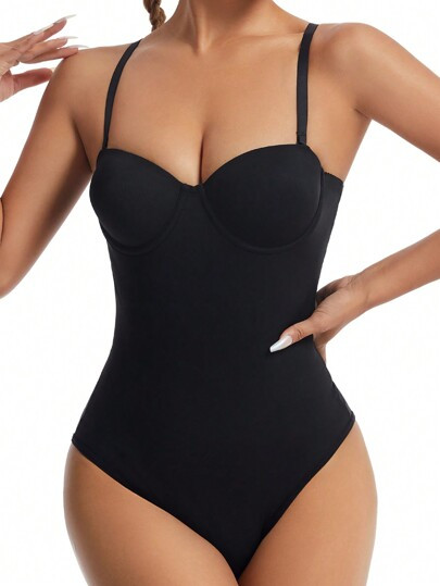 SHAPORA Women Fashionable And Elegant Cup Detail Black Bodysuit | SHEIN
