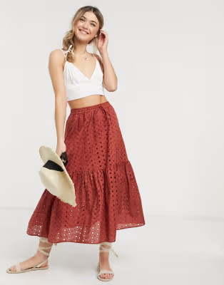 ASOS DESIGN tiered broderie midi skirt in burgundy | ASOS (Global)