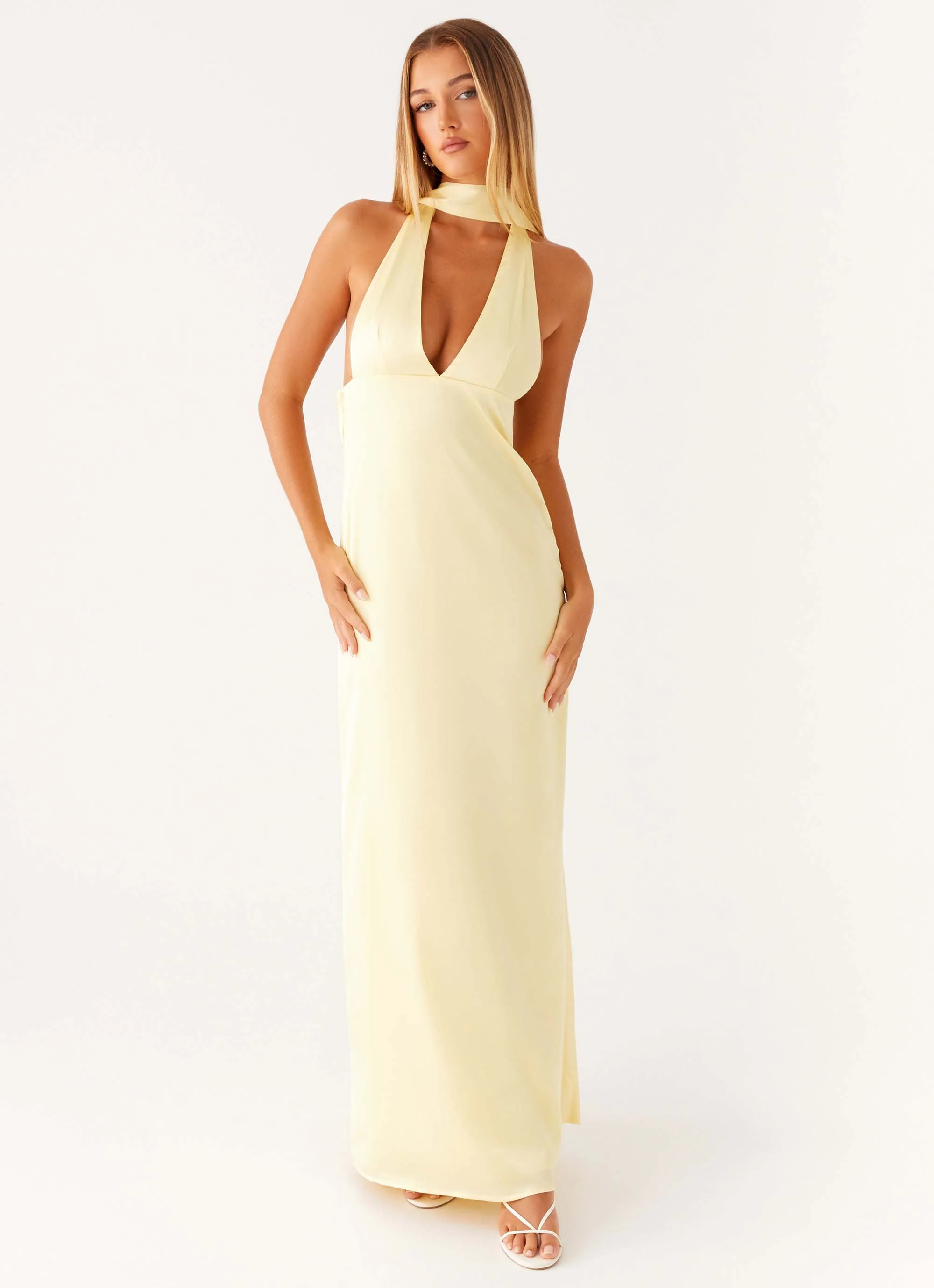 Alicia Satin Halter Maxi Dress - Yellow | Peppermayo (Global)