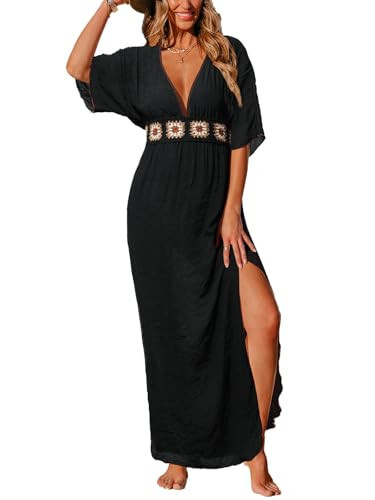 CUPSHE Women Swimsuit Coverup Deep V Neck Half Sleeve Maxi Coverup Dress Black, S | Amazon (US)