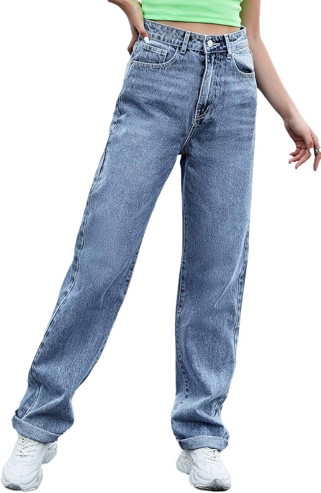 SweatyRocks Women's Casual Boyfriend Jeans High Rise Denim Pants with Pocket | Amazon (US)