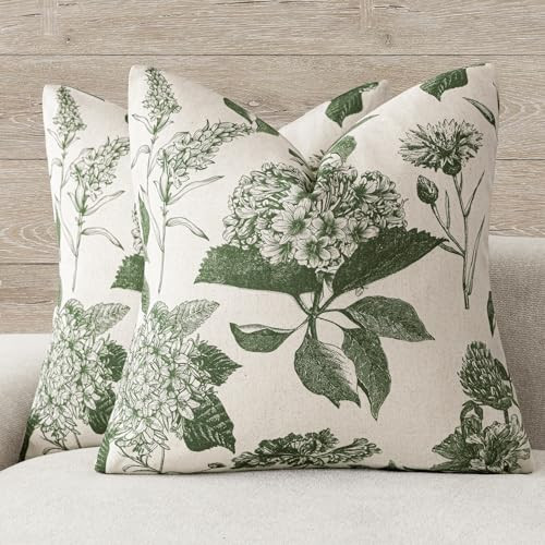 Foindtower Set of 2 Linen Floral Throw Pillow Covers Neutral Vintage Print Decorative Cozy Cushion Covers Farmhouse Boho Home Decor for Sofa Chair Couch Bedroom Living Room,18×18 Inch,Dark Green | Amazon (US)