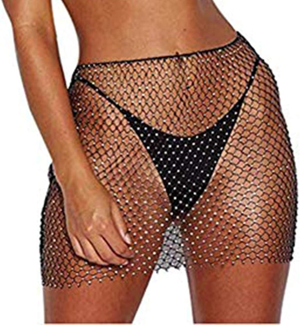 Axupico Women Sexy Mesh See through Rhinestone Fishnet Mini Skirts Beach Wrap Cover Up for Swimwe... | Amazon (US)