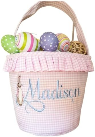 Personalized Rabbit Embroidered Nursery Storage Basket, Personalized New Baby Gift Basket,Pink or... | Amazon (US)