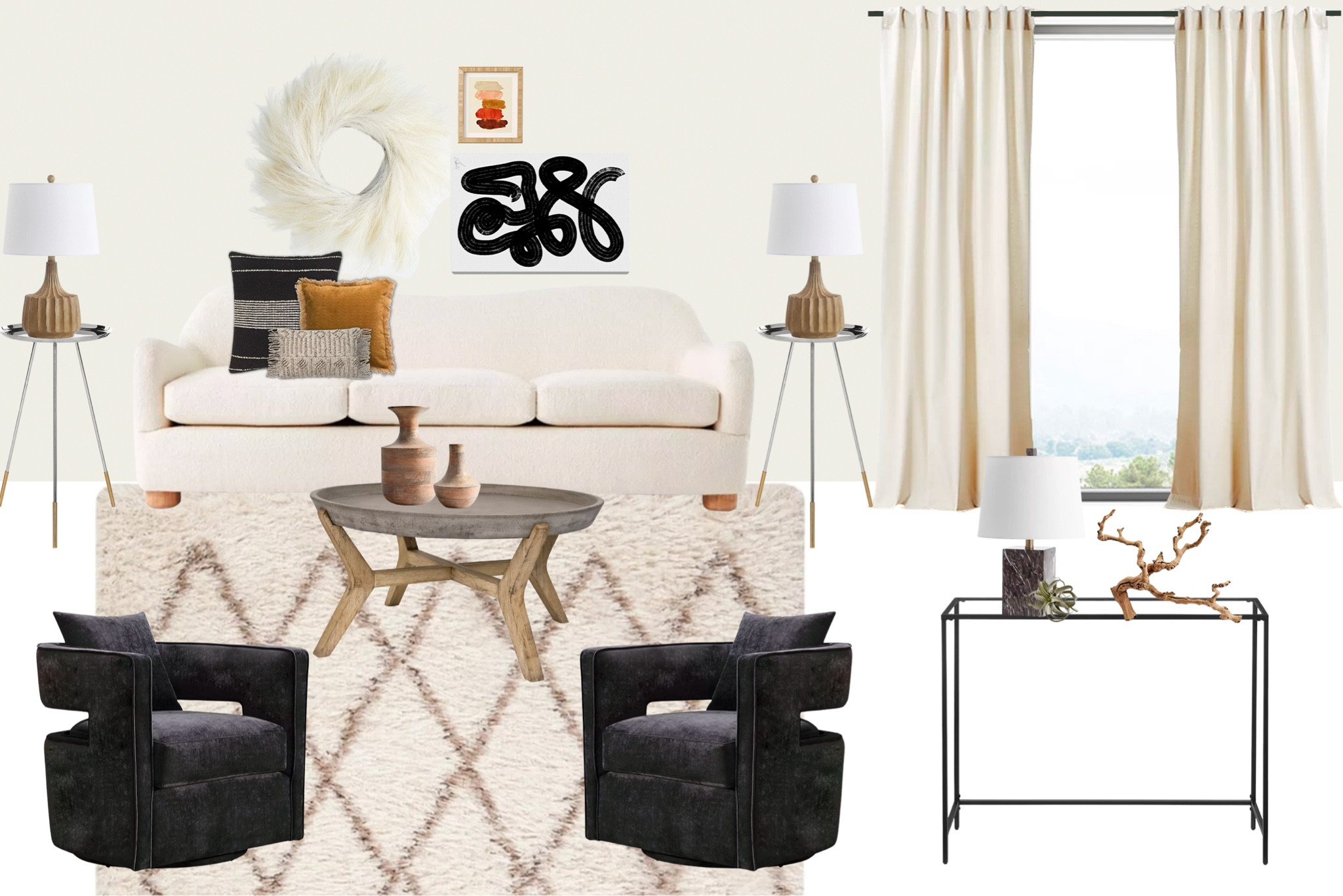 Modern Living Room Design, modern warm living room, white boucle sofa, velvet accent chairs, concrete coffee table, chrome and gold side table, natural resin table lamp, pampas wreath, wood vase, shag rug, glass console table, linen curtains

#LTKunder100 #LTKFind #LTKstyletip