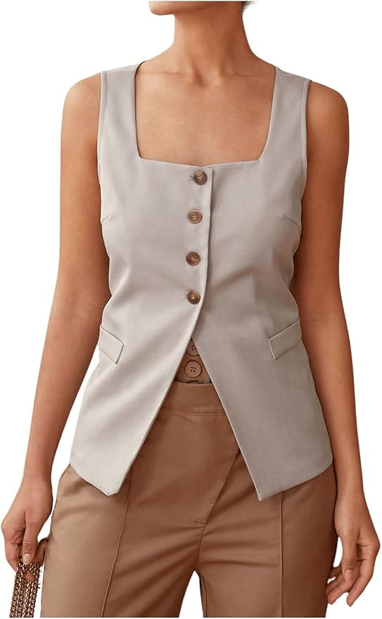 SHENHE Women's Suit Vest Square Neck Sleeveless Button Slit Blazer Work Tops Office | Amazon (US)