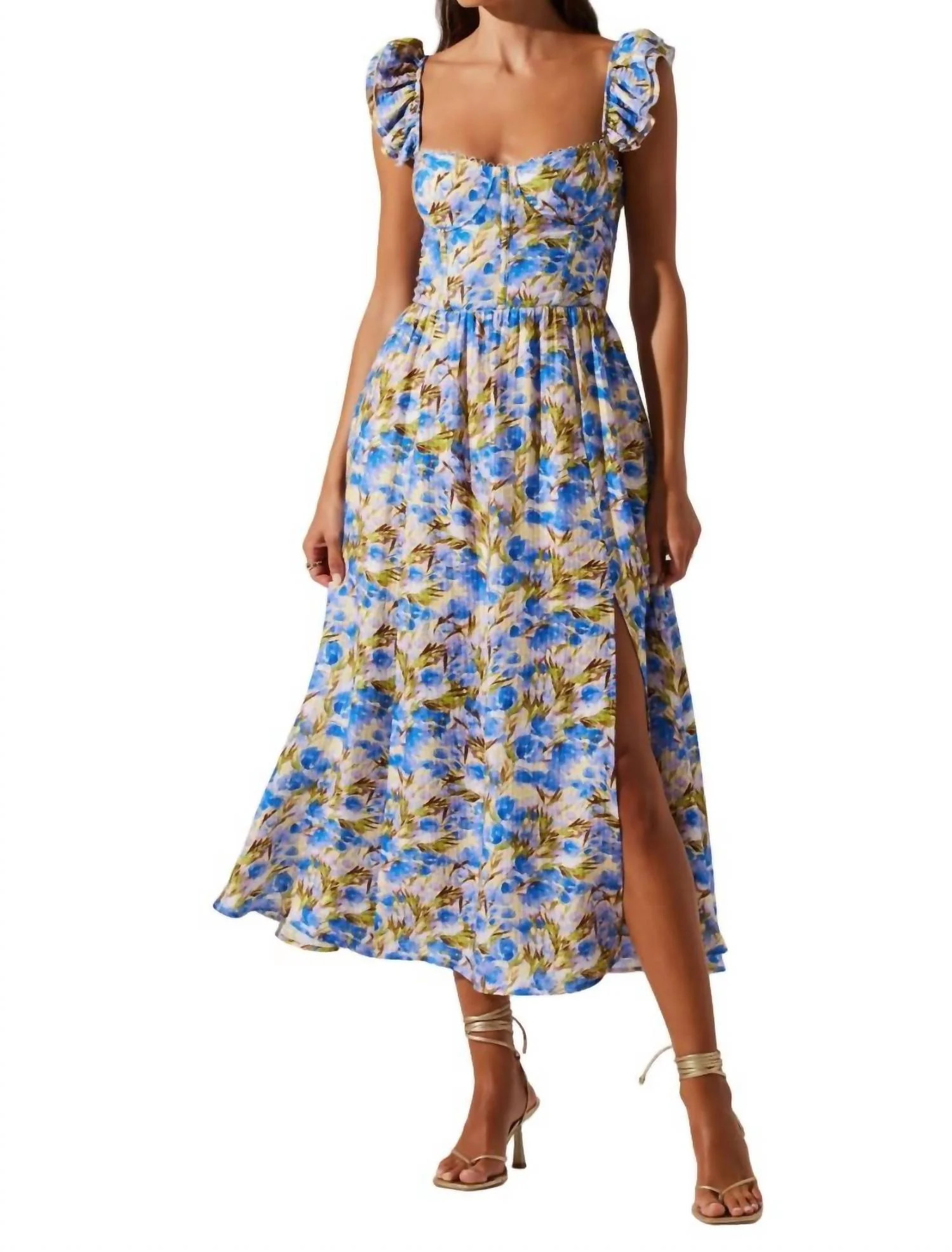 Wedelia Floral Bustier Ruffle Midi Dress In Yellow Blue Flora | Shop Simon