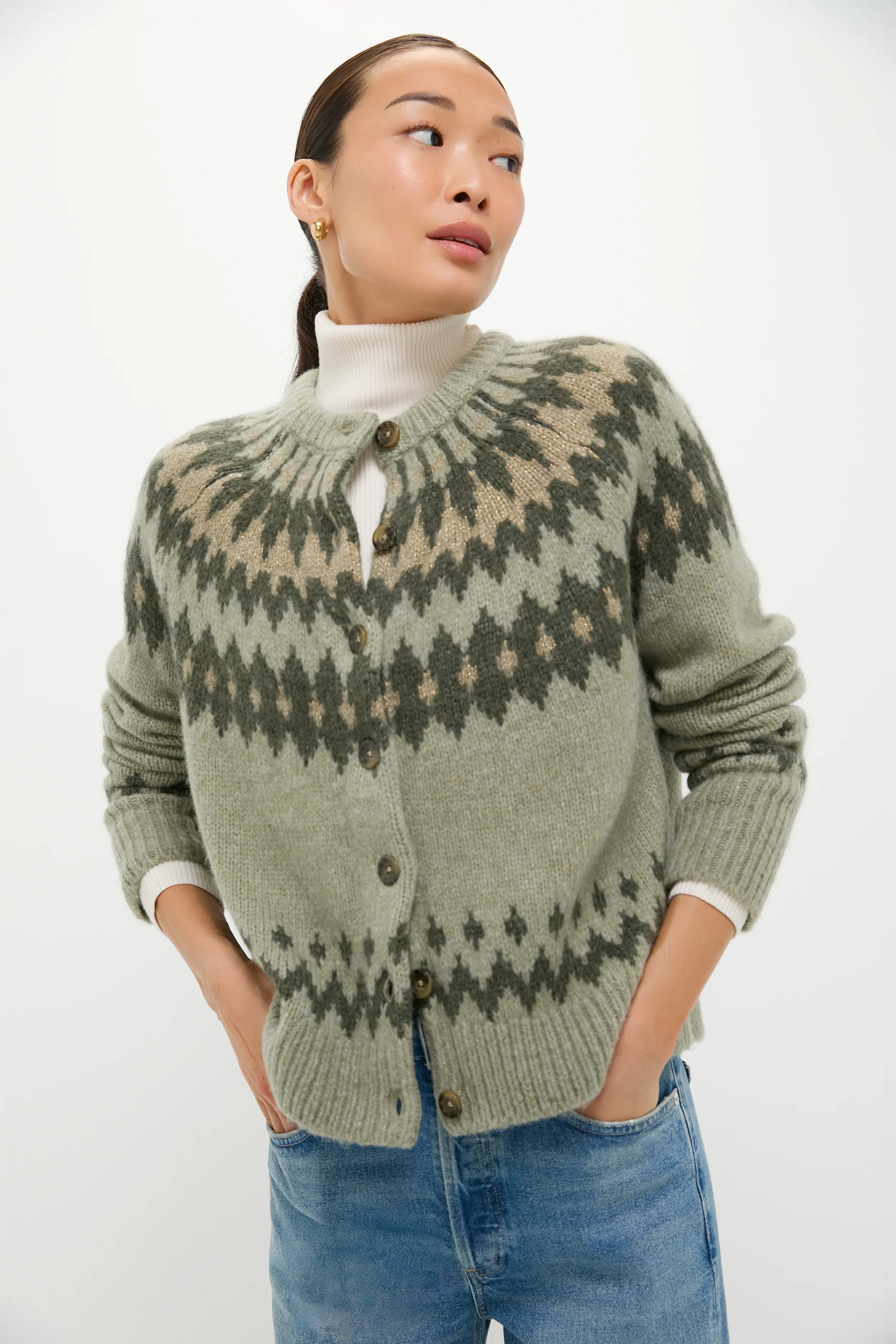 Fir Green Lurex Marlow Fair Isle Cardigan | Tuckernuck (US)