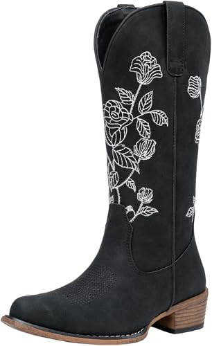 Women's Western Cowboy Boots, Mid Calf Embroidery Flower Cowgirl Boots with Low Heel,Side Zipper ... | Amazon (US)