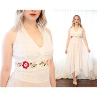 Vintage 1970S White Cotton Gauze Crochet Halter Top Embroidered Mexican Handkerchief Skirt Sundress  | Etsy (US)