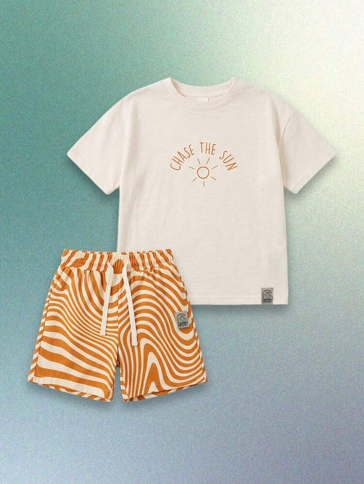 Boys Chase The Sun Graphic Print Short Sleeve Tee With Orange Swirl Pattern Shorts Coordinated Su... | SHEIN