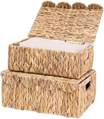 LUSYDECO Set of 2 Scalloped Edge Wicker Basket with Lids, Rectangle Wicker Storage Basket with Bu... | Amazon (US)