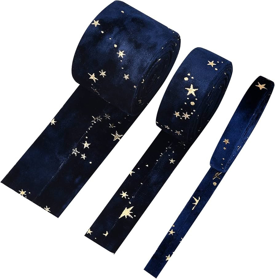 BENECREAT 6.6 Yards 3 Sizes Velvet Ribbons with Star Pattern Drak Blue Double Faced Velvet Ribbon... | Amazon (US)