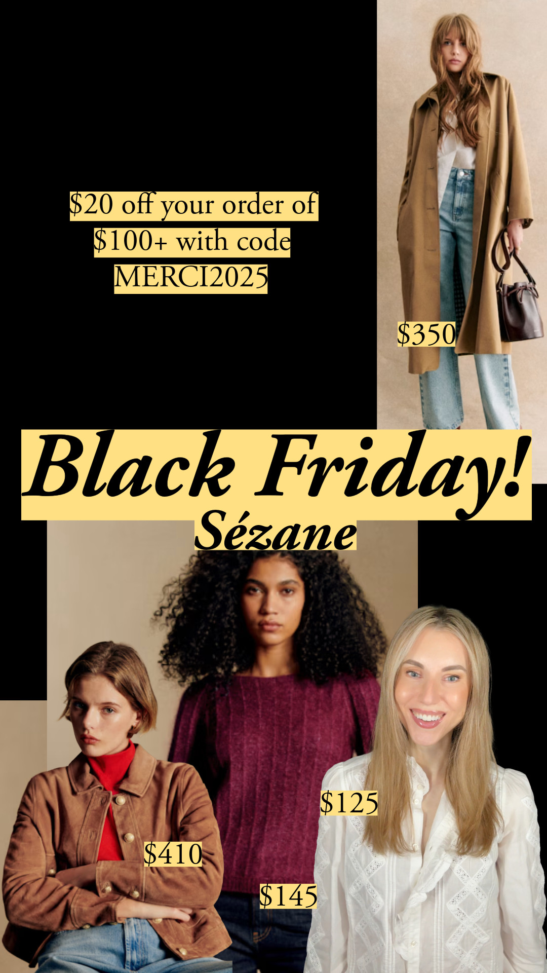$20 off your order of $100 or more with code MERCI2025. Code valid through Saturday, November 29th at 3:00AM EST for one order per person. Sézane is fitted for woven fabrics: shirts, pants, coats. It’s true to size, but size up if you’re between sizes or want a relaxed fit 

 

#LTKCyberWeek #LTKHoliday #LTKSeasonal