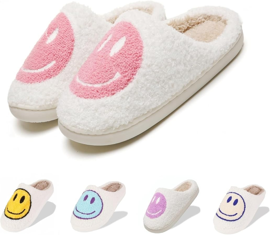 Fuzzy Slippers for Women Men, Cute Retro Fluffy Happy Face House Slippers, Plush Memory Foam Slip... | Amazon (US)
