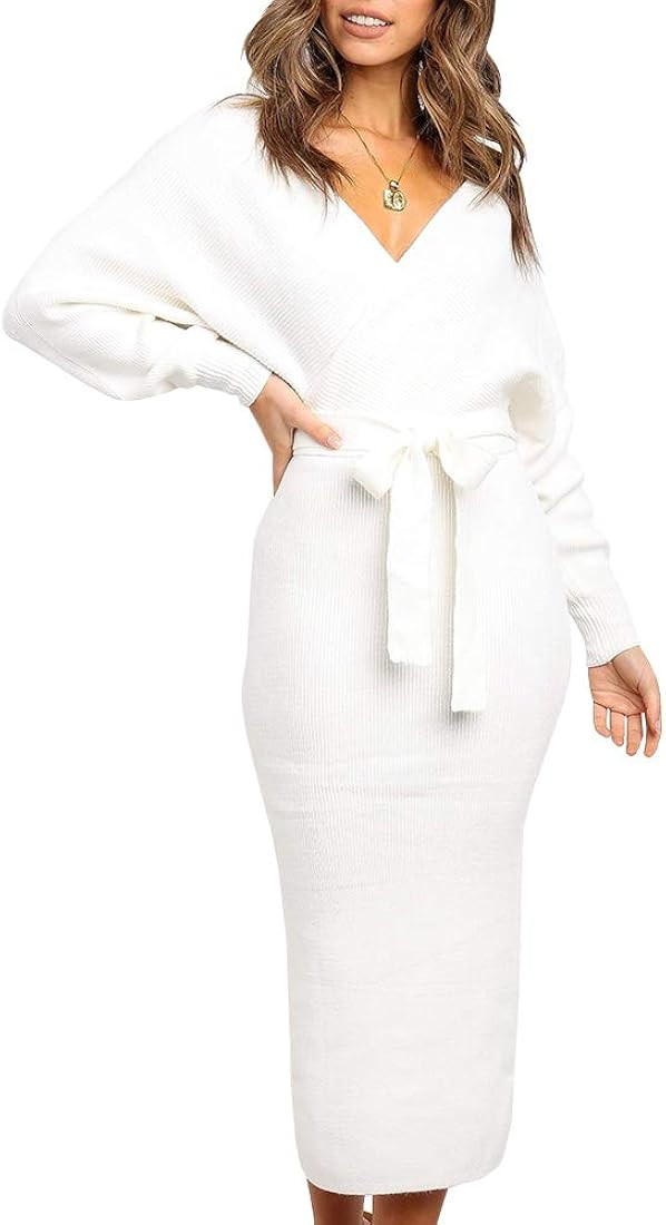 Chang Yun Women's Long Maxi Sweater Dresses Sexy Wrap Batwing V Neck Slit Open Back Holiday Bodyc... | Amazon (US)