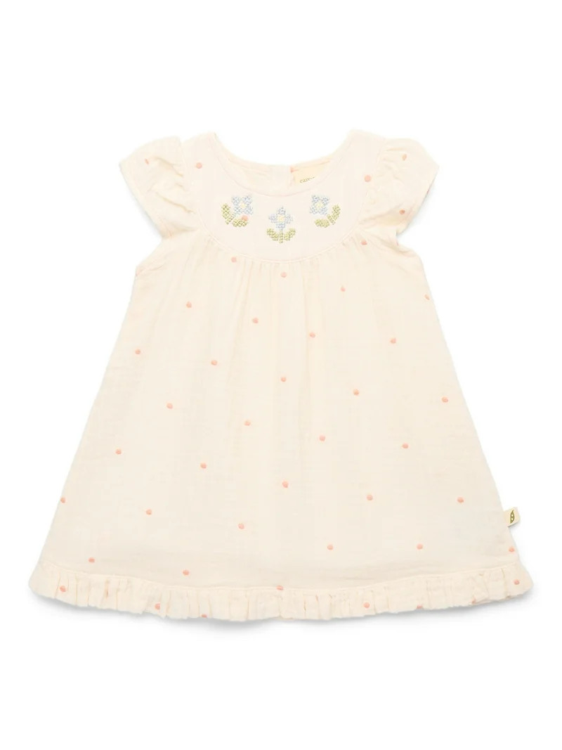 easy-peasy Baby Girls Organic Cotton Gauze Embroidered Flutter Dress, Sizes 0-24M | Walmart (US)
