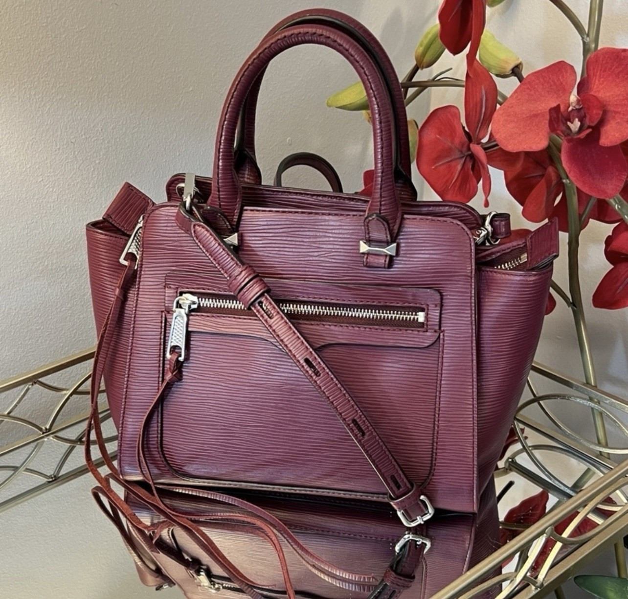 Rebecca Minkoff Micro Avery Burgundy Saffino Leather Satchel Crossbody Tote | eBay AU