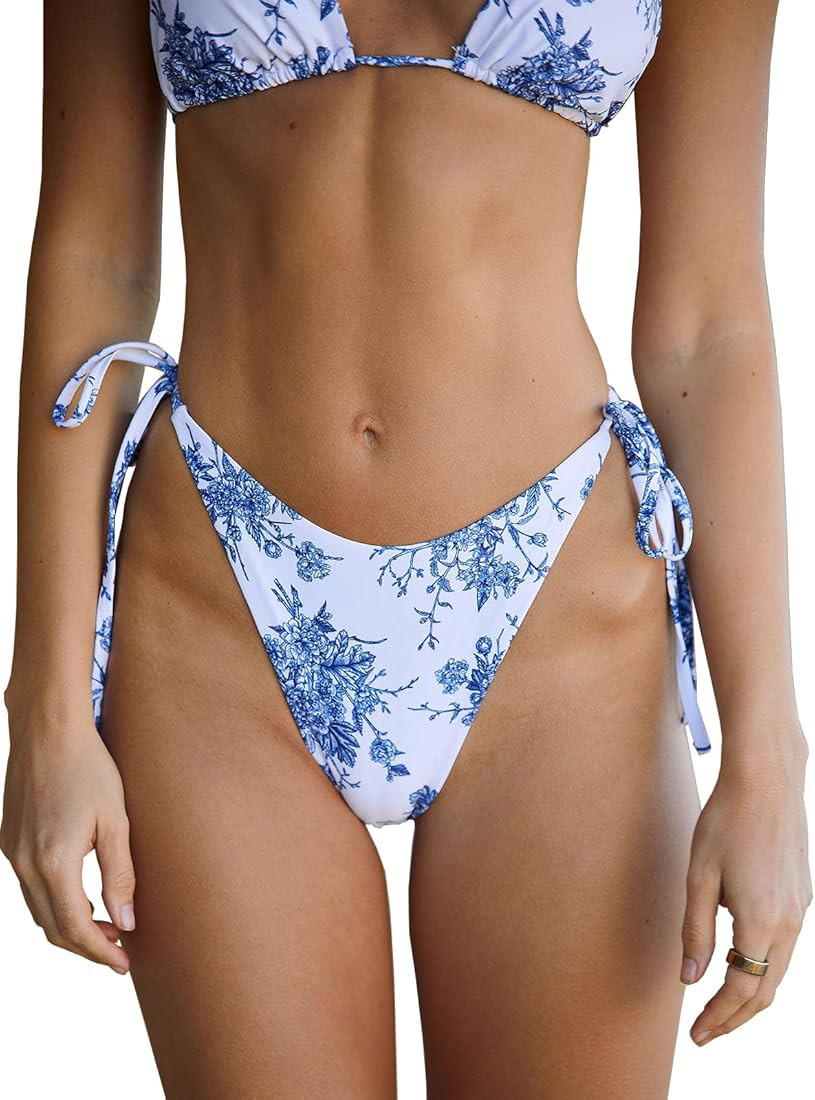 Women's Ribbed Tie Reversible Bikini Bottom Adjustable Hipster Full & High Cut Swimsuit | Amazon (US)