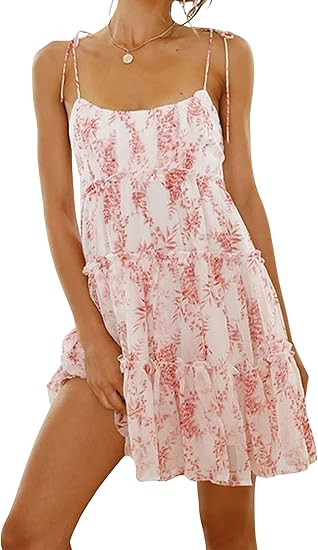 Mansy Womens 2024 Summer Floral Mini Dress Boho Flowy Skater Dresses Short Sleeveless Ruffle Spag... | Amazon (US)
