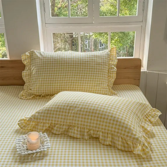 Yellow Ruffled Plaid Gingham Pillow Shams 20"x26", Set of 2 Checked Pre-Washed Microfiber Farmhou... | Walmart (US)