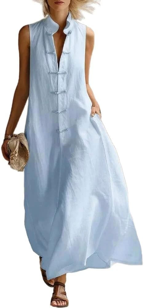 Linen Dress Women Spring Summer Cotton Frog Button Stand Collar Flowy Maxi Dress Sleeveless Cute ... | Amazon (US)