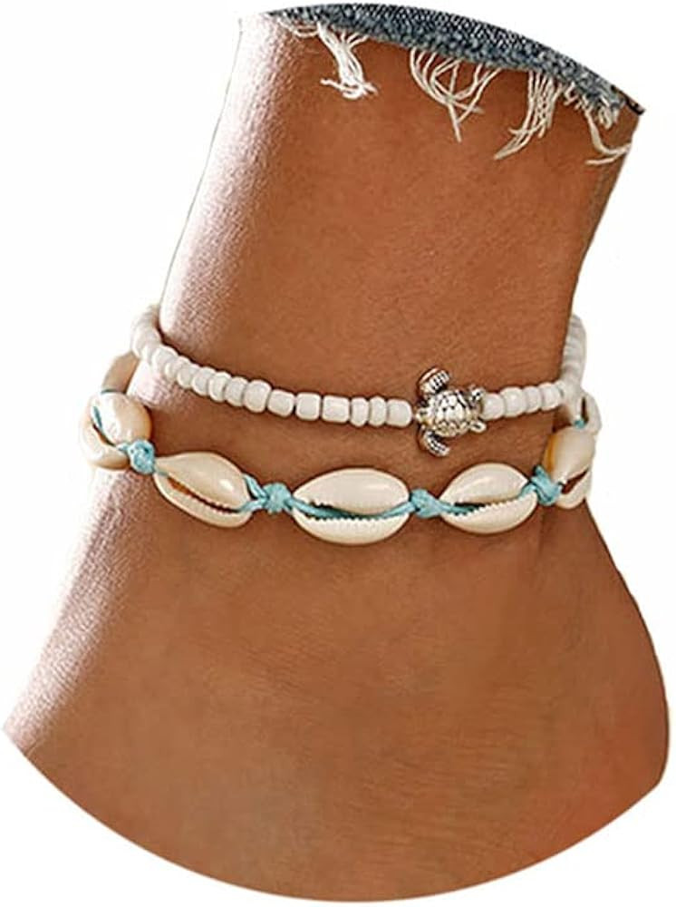 Aluinn Boho Turtle Layered Shell Anklet Set Silver Ankle Bracelets Beaded Foot Chain Beach Foot J... | Amazon (US)