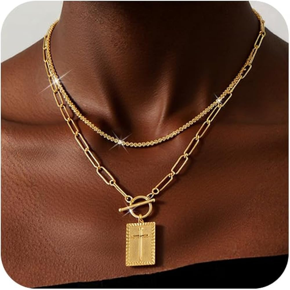 OOOPEL Layered Cross Pendant Necklace for Women, Trendy Non Tarnish 14k Gold Plated/Silver Chunky... | Amazon (US)