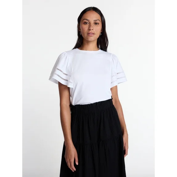 Time and Tru Women’s Crewneck Top with Lace Inset Flounce Sleeves, Sizes XS-XXXL | Walmart (US)
