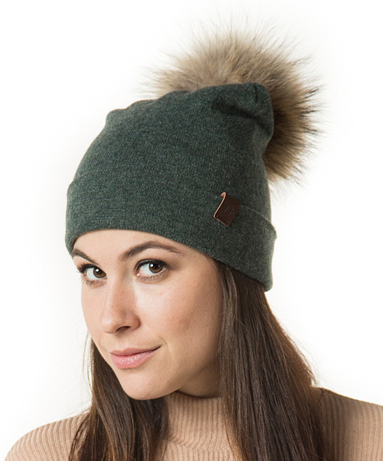 Mio Marino Women's Beanies Olive - Olive Green Slouchy Pom-Pom Cashmere-Blend Beanie | Zulily