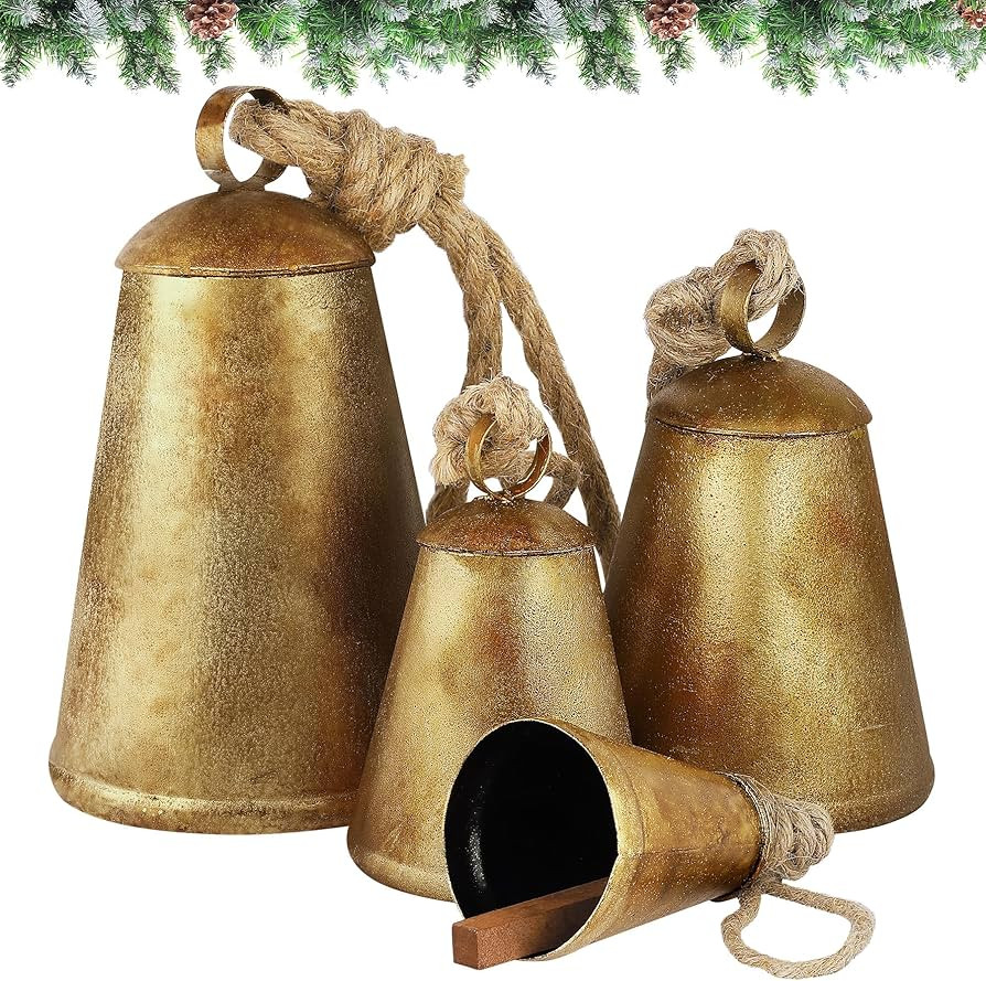 4 Pack Huge Christmas Cow Bells Giant Hanging Metal Cone Bells Vintage Harmony Cow Bells with Rop... | Amazon (US)