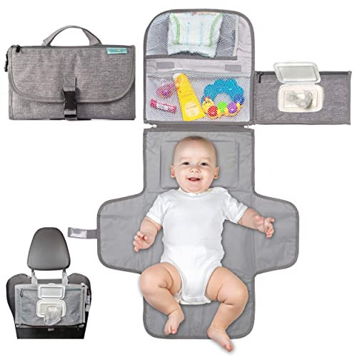 Kopi Baby Portable Diaper Changing Pad - Baby Diaper Changer Travel Bag with Wipes Pocket, Smart Design Portable Changing Mat, Infant Travel Station Kit, Gift for Newborn Girl & Boy - Grey, Classic | Amazon (US)