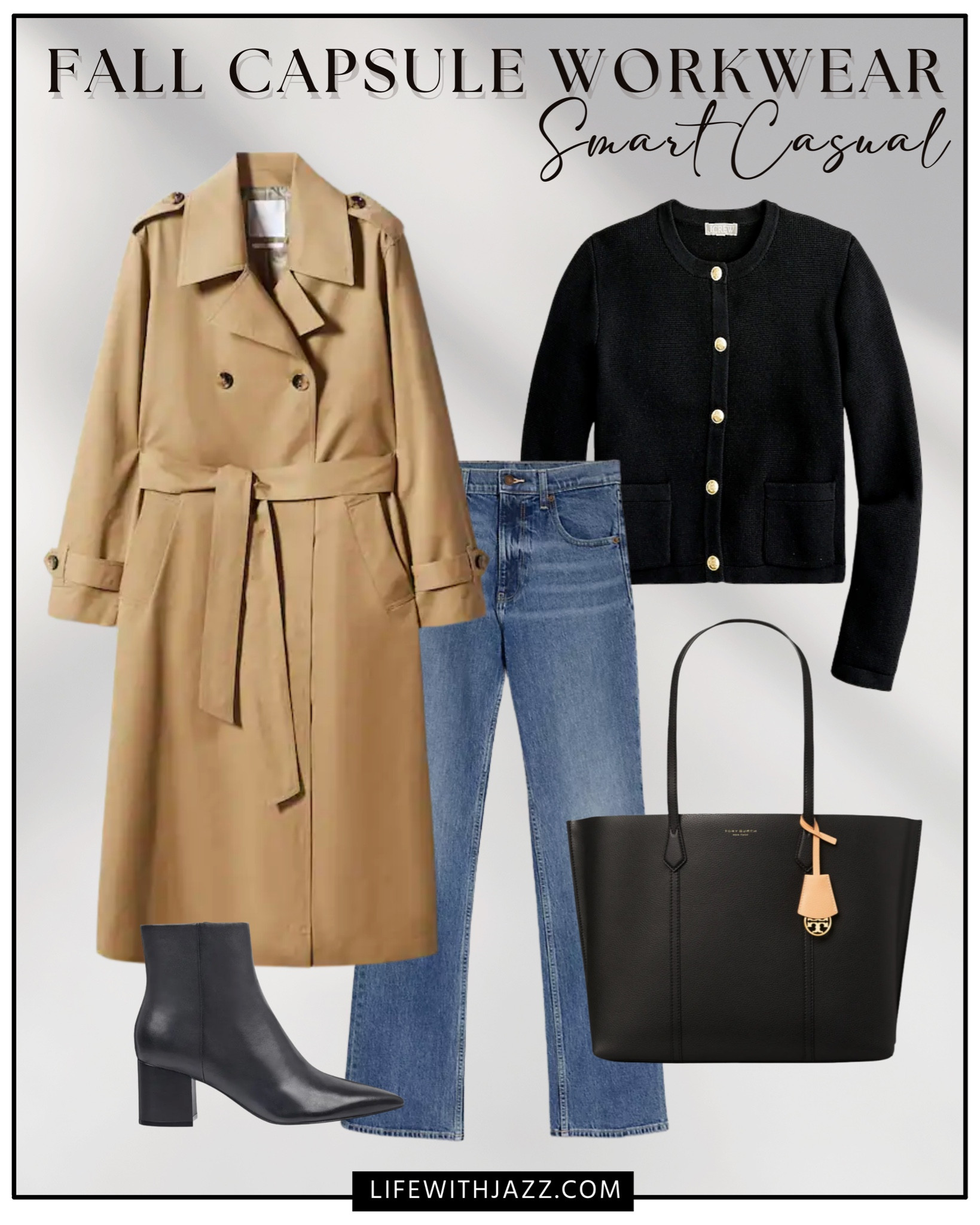 Fall capsule workwear outfit inspo 

Smart casual / Workwear / boots / jeans / trench coat / sweater jacket / tote / Jcrew / mango / Calvin Klein / Tory Burch 

#LTKstyletip #LTKworkwear
