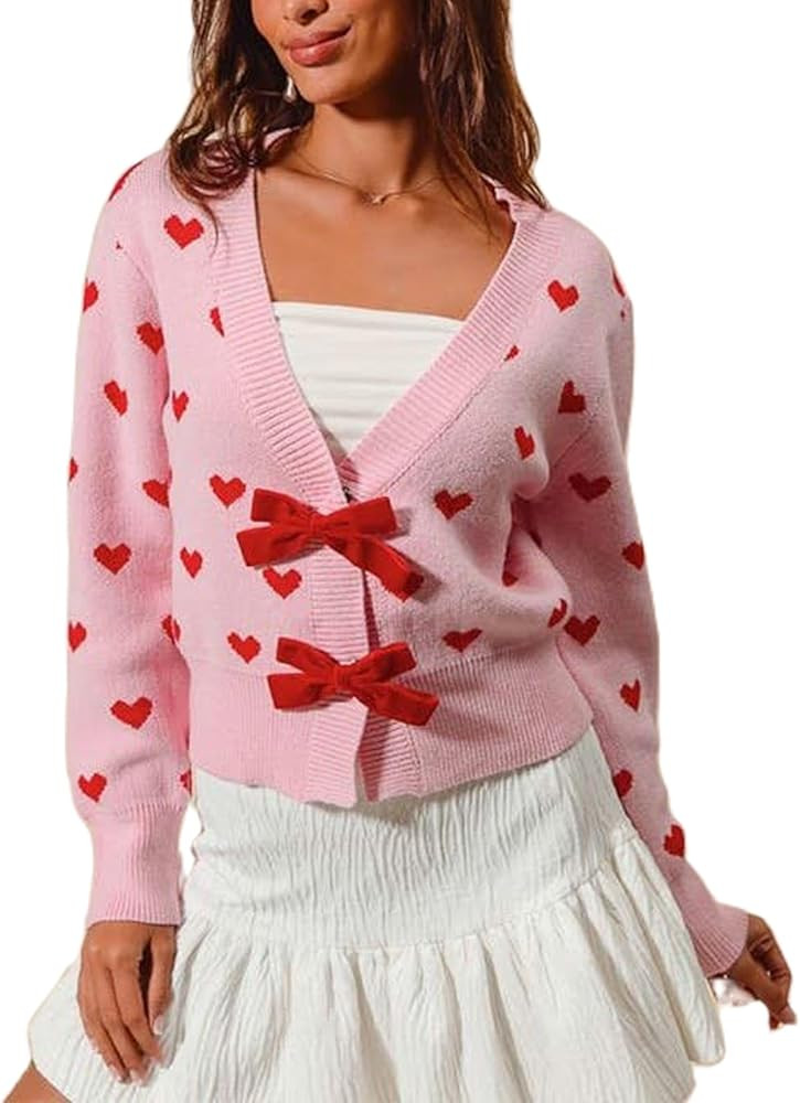Valentine's Day Cardigan Sweaters for Women Love Heart Print Button Down Cropped Cardigans Y2K Op... | Amazon (US)