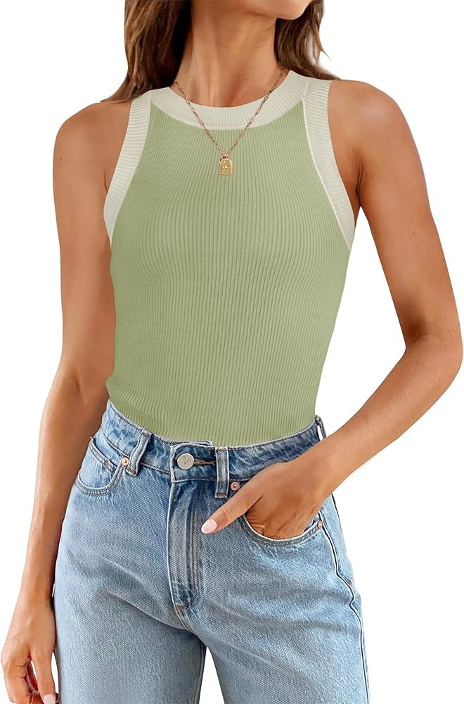 ZESICA Womens Summer Sleeveless Tank Tops Ribbed High Neck Racerback Slim Fitted Color Block Casu... | Amazon (US)