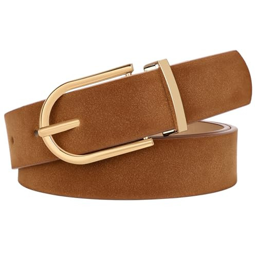 SANSTHS Womens Belts for Jeans Pants, Fashion Ladies Belt Solid Color with Gold Curved Pin Buckle, Suede Brown S | Amazon (US)