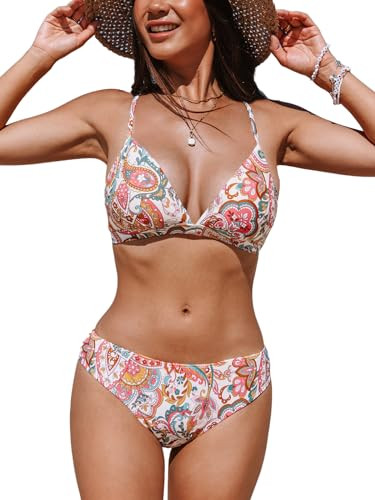 CUPSHE Bikini Set for Women Two Piece Swimsuits V Neck Low Rise Crisscross Back Self Tie Spaghett... | Amazon (US)