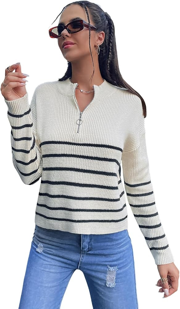 Women's Striped Print Half Zip Up Long Sleeve Knitted Pullover Sweater Tops | Amazon (US)
