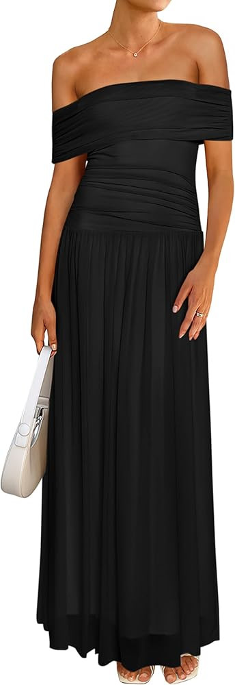 MASCOMODA Women Off The Shoulder Mesh Maxi Dress Bodycon Ruched Formal Sleeveless Pleated Cocktai... | Amazon (US)