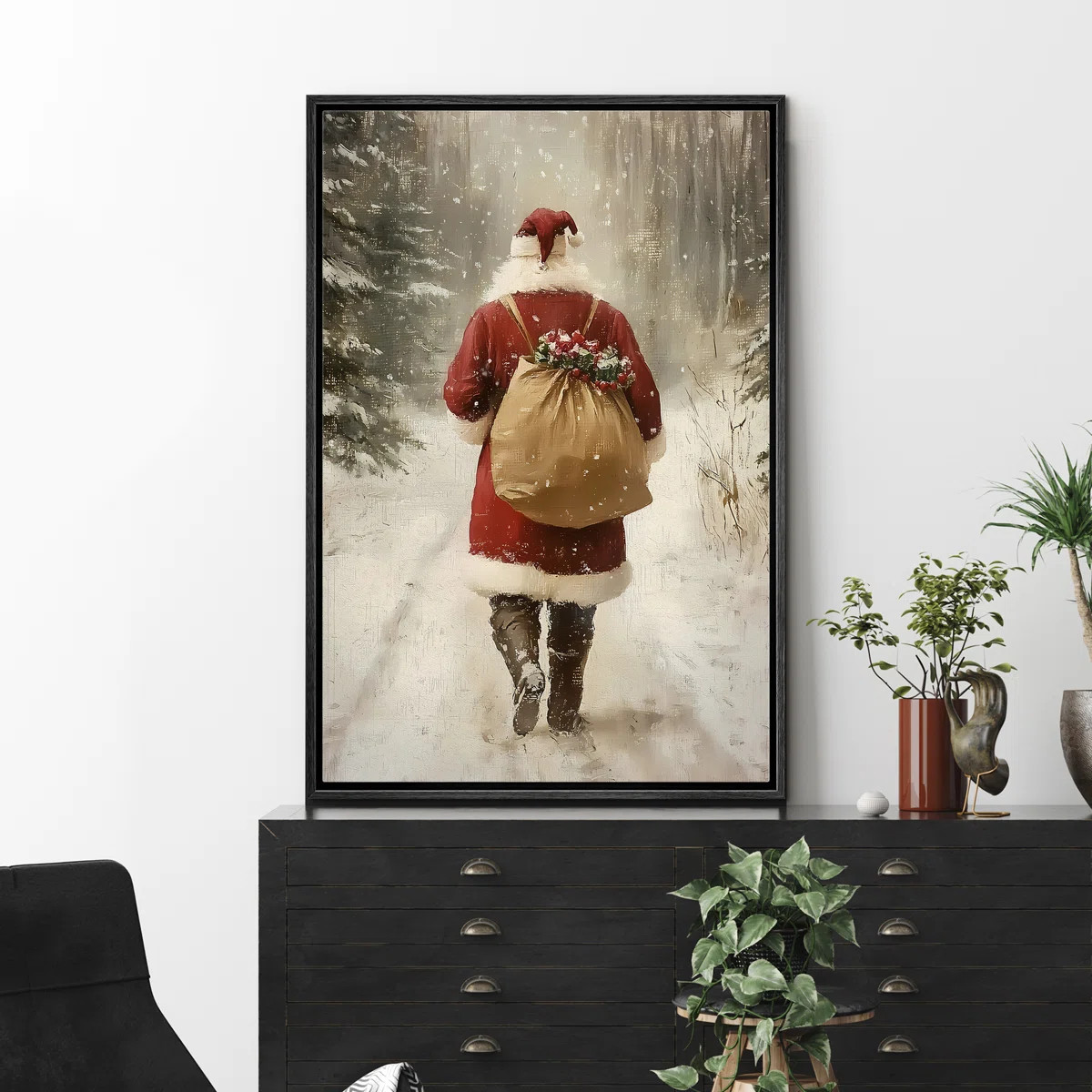 Santa Claus Walking in Winter Road Vintage Warm Cozy Christmas Holiday Framed Canvas Print Wall A... | Wayfair North America