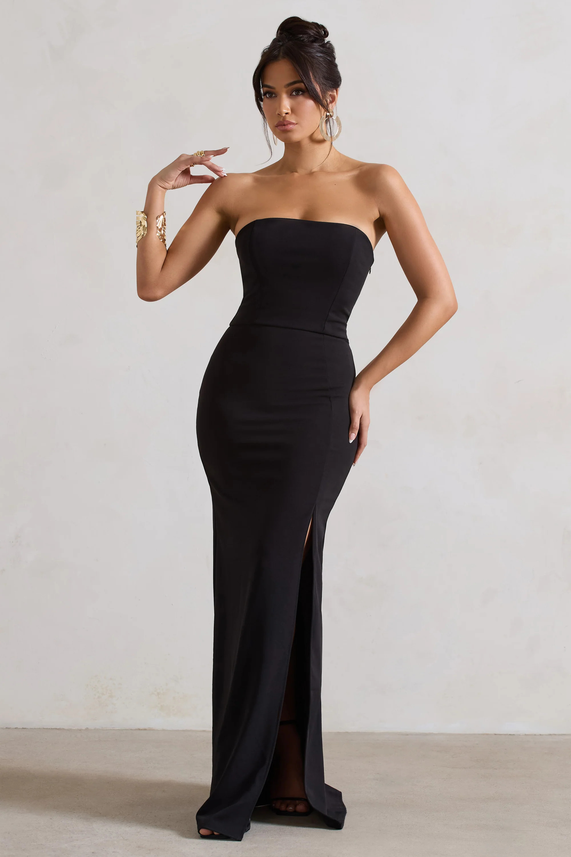 Belle of The Ball | Black Bandeau Maxi Dress With Split Hem | Club L London