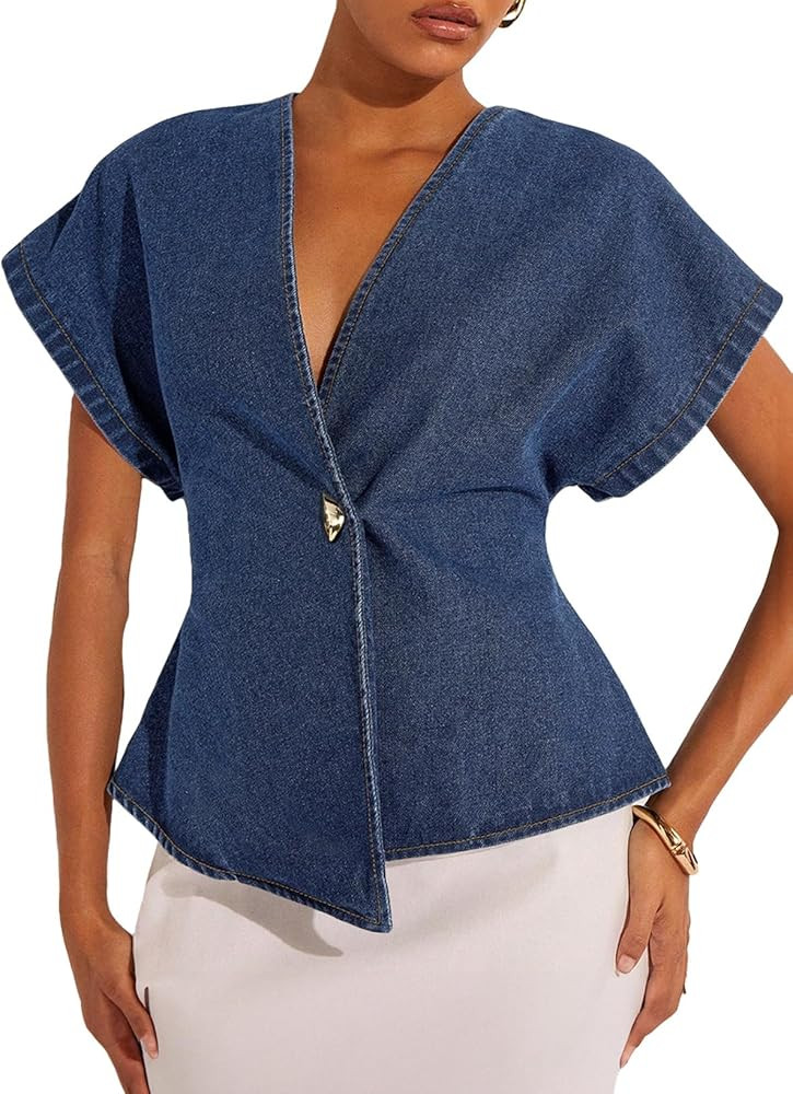 EVALESS Womens Denim Shirts Short Sleeve Button Down Shirts Spring Summer Tops V Neck Work Blouse... | Amazon (US)