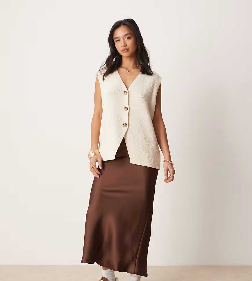New Look Petite satin midi bias skirt in brown | ASOS (Global)